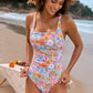 Printed Square Neck Wide Strap One-Piece Swimwear - Enfance-Heureuse