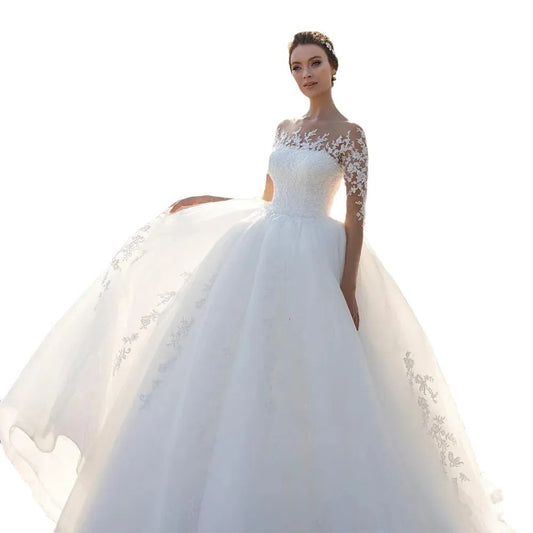 Bridal Mesh Long Sleeve Embroidered Wedding Dress - Enfance-Heureuse