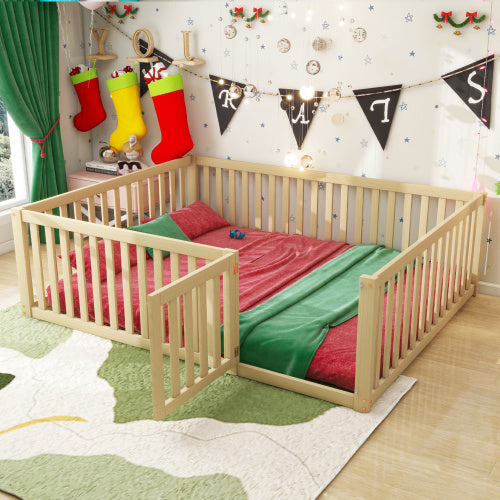 Kinderbett 140 X 200  Holzboden Bettrahmen Mit Zaun Und Tur  Holzfarbe