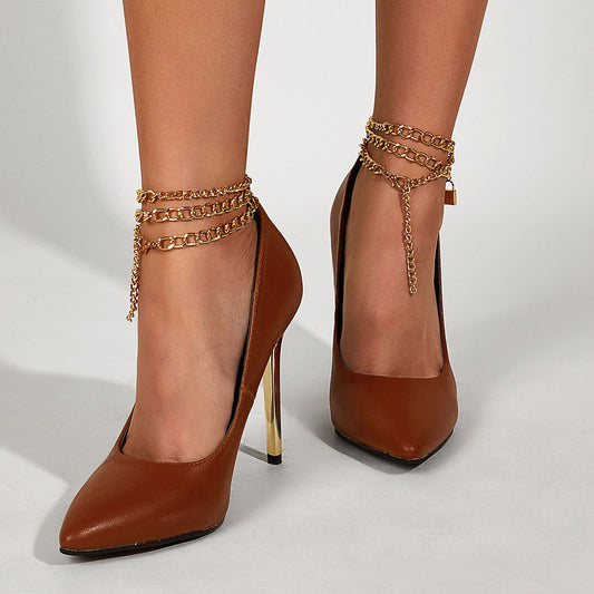 Metal Chain Pointed High Heels Women's Low-top Stiletto Heels - Enfance-Heureuse