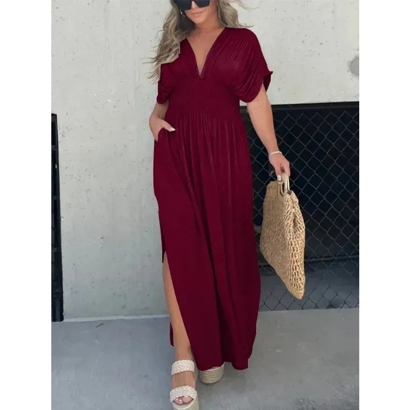Fashion Bat-sleeved V-neck Slit Dress Summer Short Sleeve Elastic Waist Long Dresses Womens Clothing - Enfance-Heureuse
