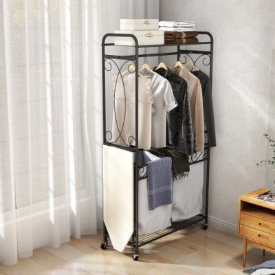 Panier à linge multifonction avec tringle de suspension et étagère de rangement. Chariot à linge roulant avec roulettes, cadre en métal robuste pour salle de bain, buanderie ou chambre.