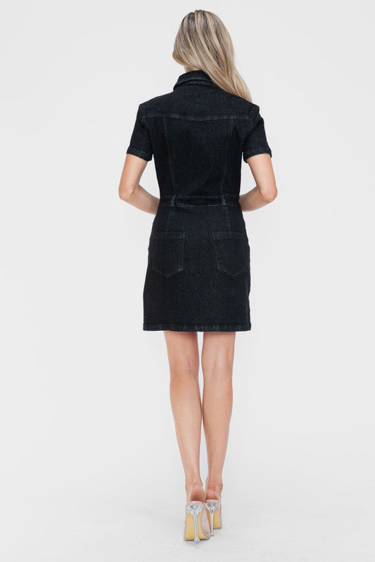 bytos Full Size Embellished Button Down Short Sleeve Denim Dress - Enfance-Heureuse