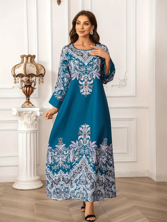 Vestido caftán largo estampado: manga larga, cuello redondo y adorno de cuentas.