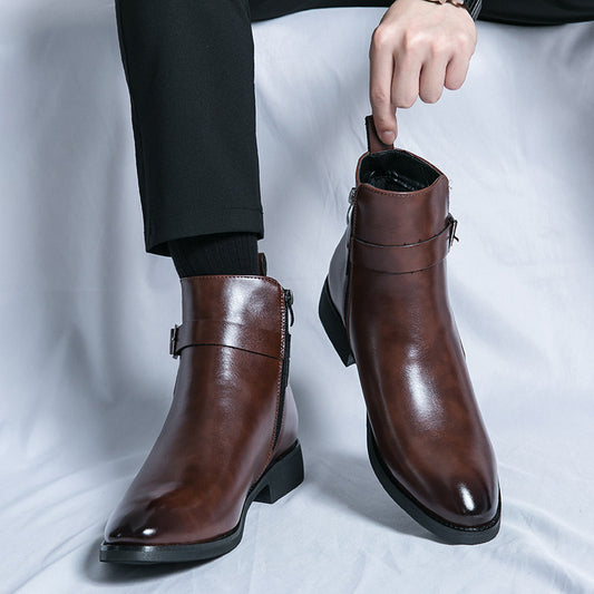 Men's British Style Fashion High-top Leather Shoes Side Zipper Mid-Top Martin Boots - Enfance-Heureuse