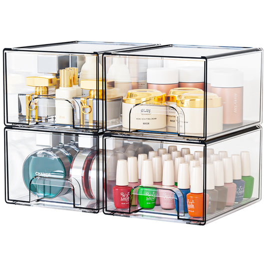 1 2 4 Pack Clear Stackable Storage Drawers, 11.2cm, 4.4in Tall Acrylic Bathroom Makeup Organizer,Plastic Storage Bins For Vanity, Undersink, Kitchen Cabinets, Pantry, Home Organization - Enfance-Heureuse