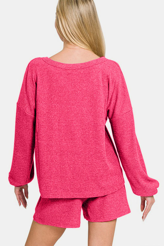 Zenana V-Neck Long Sleeve Ribbed Top and Shorts Set - Enfance-Heureuse