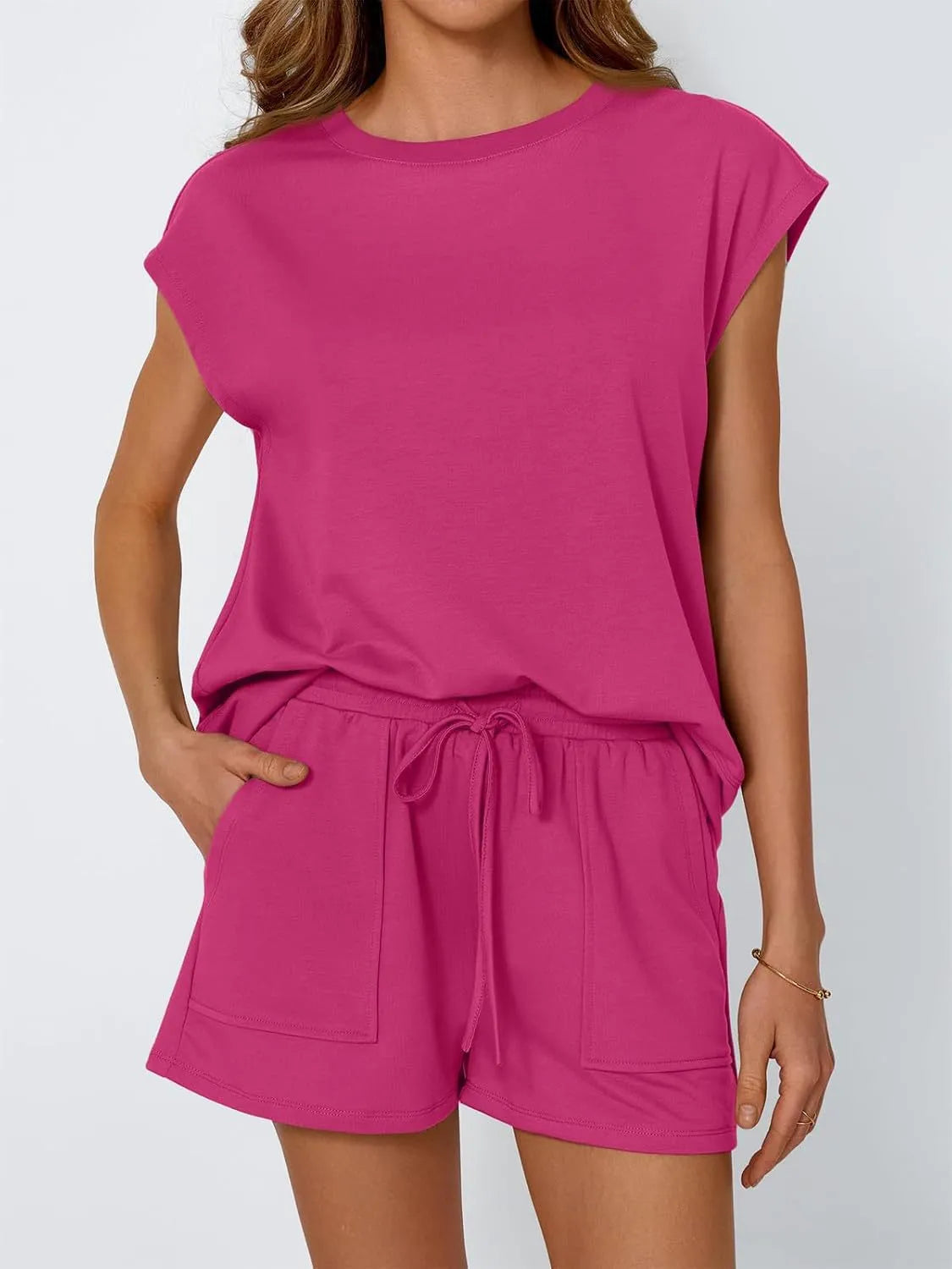 Round Neck Cap Sleeve Top and Shorts Set - Enfance-Heureuse