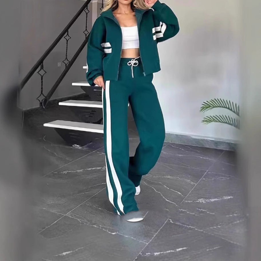 Autumn Striped Zipper Top Casual Sports Suit