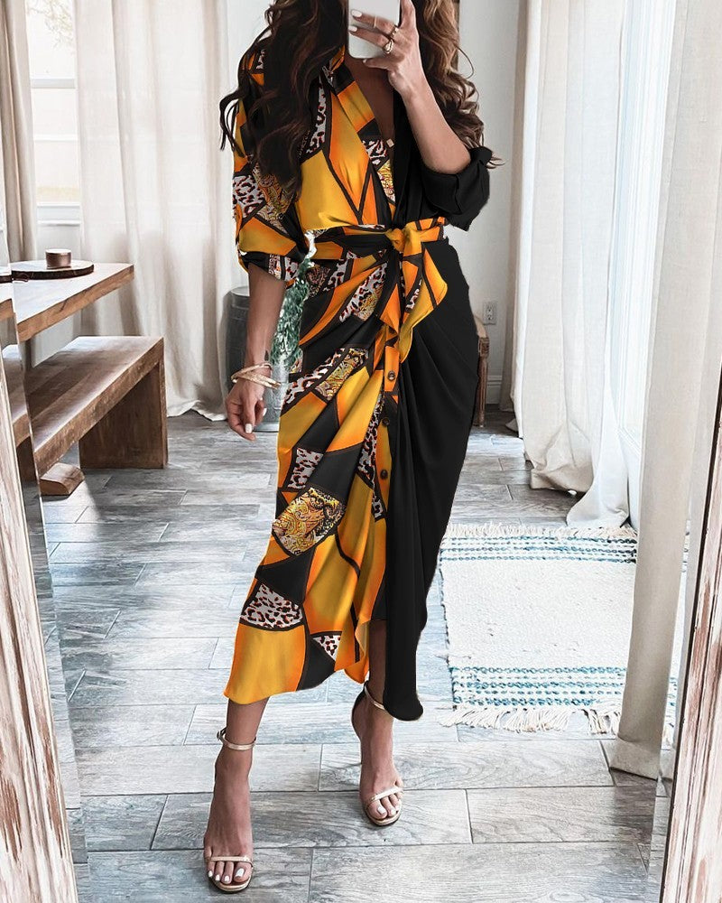 Long Sleeve V Neck Button Print Long Dress Women's