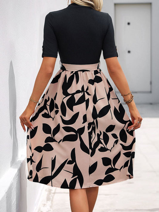 Perfee Tied Printed Mock Neck Short Sleeve Dress - Enfance-Heureuse