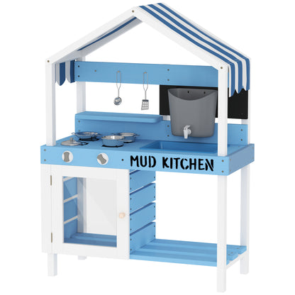 Wooden Mud Kitchen For Kids Outdoor With Sink, Faucet, Water Tank, Storage Shelves, Accessories For Boys And Girls, Blue