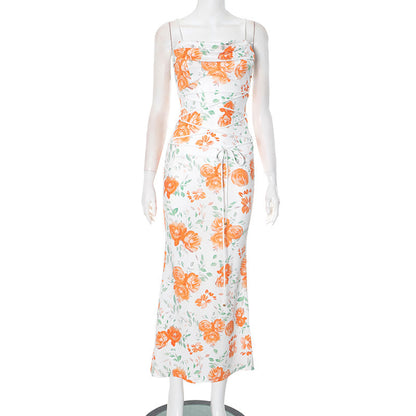 Waist Trimming Spaghetti Straps Printed Lace Up Dress - Enfance-Heureuse