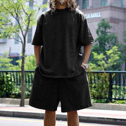 2pcs Loose Sports Suits Summer Round Neck Short-sleeved T-shirt And Drawstring Pockets Shorts Casual Solid Color Set Mens Clothing - Enfance-Heureuse