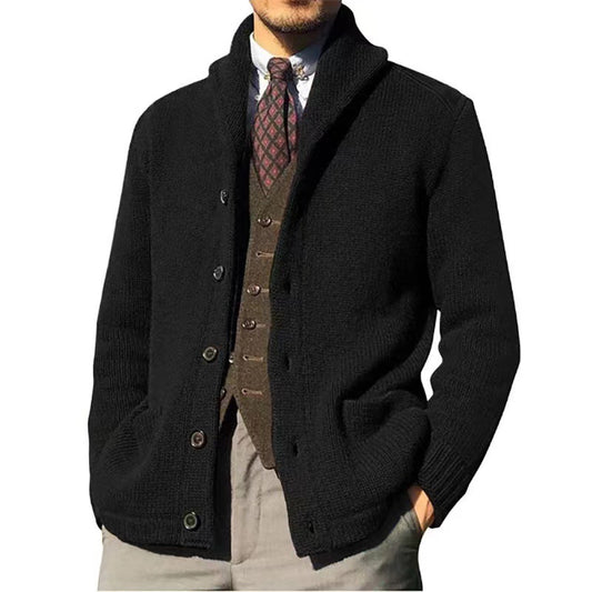 Mens Shawl Collar Cardigan Sweater Cable Knitted Open Front Button Down Ribbed Knitwear Outwear With Pockets - Enfance-Heureuse