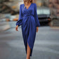 Women's Solid Color V-Neck Long Sleeve Dress With Elastic Cuffs & Asymmetrical Hem Draped Party Dress For Spring&Fall