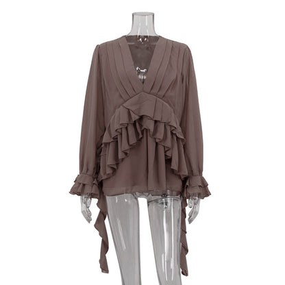 Chiffon V-neck Long Sleeve Shirt - Enfance-Heureuse