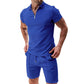 2Pcs Casual Waffle Suit Summer Zipper Lapel Short-sleeved Top And Drawstring Pockets Shorts Versatile Solid Color T-shirt Set For Mens Clothing - Enfance-Heureuse