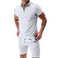2Pcs Casual Waffle Suit Summer Zipper Lapel Short-sleeved Top And Drawstring Pockets Shorts Versatile Solid Color T-shirt Set For Mens Clothing - Enfance-Heureuse