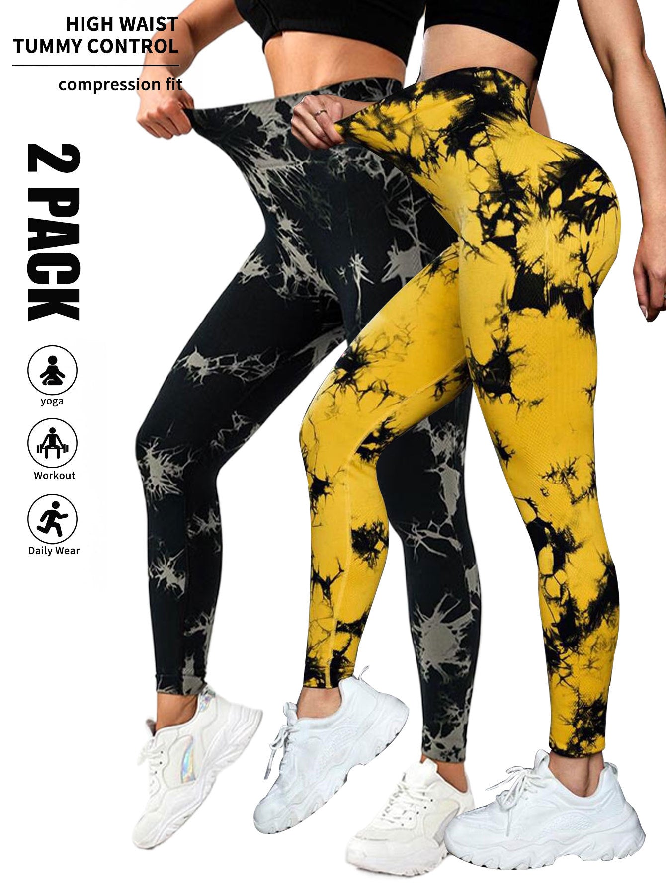 2 Pack Tie Dye Workout Seamless Leggings For Women High Waist Gym Leggings Yoga Pants, Seamless Leggings For Women High Waist Yoga Pants, Scrunch Butt Lifting Elastic Tights - Enfance-Heureuse