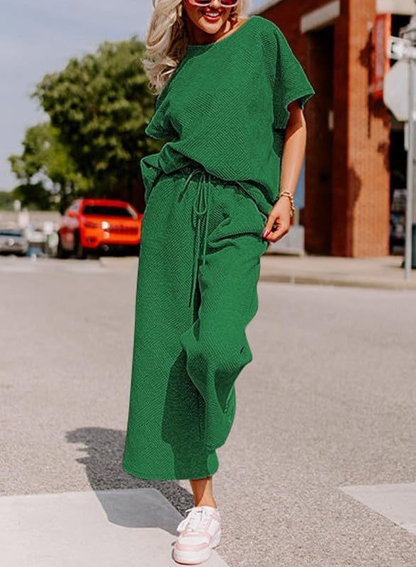 Solid Color Texture Casual Fashion Women's Wear Short-sleeved Trousers Two-piece Set - Enfance-Heureuse