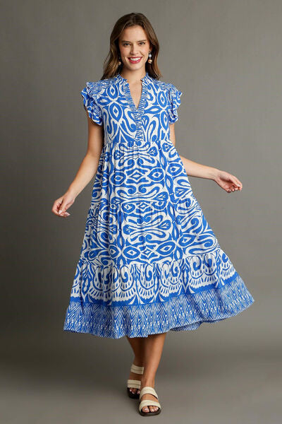 Umgee Full Size Two Tone Border Print Ruffle Cap Sleeve Midi Dress Plus Size - Enfance-Heureuse