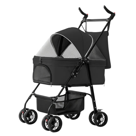 1Pc 4-Wheels Pet Stroller Foldable Carrier Strolling Cart Travel Jogger Pet Stroller With Removable Liner Storage Basket For Dog Cat