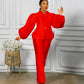Women's Fashion Solid Color Puff Sleeve Top Wide Leg Pants Two-piece Set - Enfance-Heureuse
