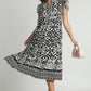 Umgee Full Size Two Tone Border Print Ruffle Cap Sleeve Midi Dress Plus Size