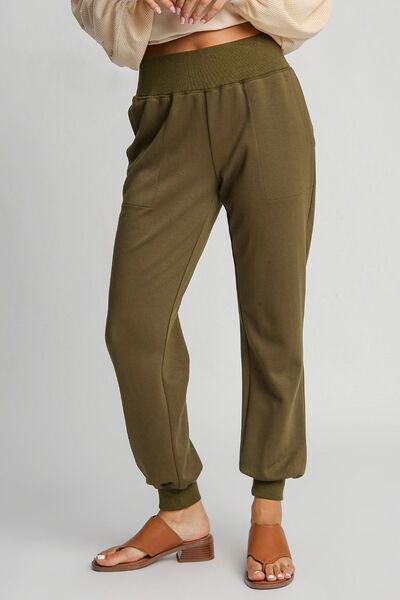 Umgee Full Size High Rise Elastic Waist Knit Joggers with Pockets Plus Size