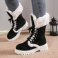Winter Lace-up Snow Boots For Women Mid-tube Fleece Shoes Warm Chunky Heels Plush Boot - Enfance-Heureuse