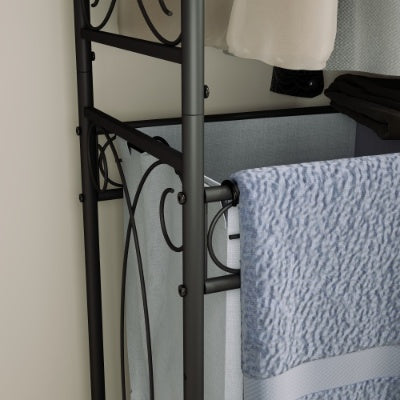 Panier à linge multifonction avec tringle de suspension et étagère de rangement. Chariot à linge roulant avec roulettes, cadre en métal robuste pour salle de bain, buanderie ou chambre.