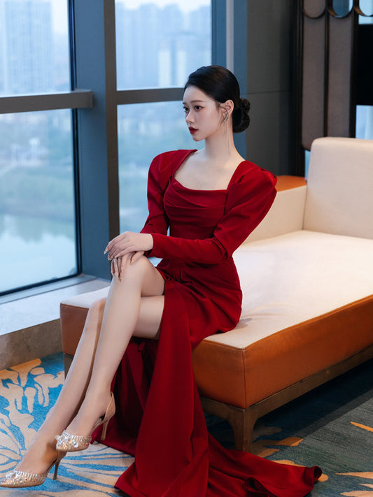Bride Fishtail Square Collar Long Sleeve Design Simple Satin Evening Dress - Enfance-Heureuse