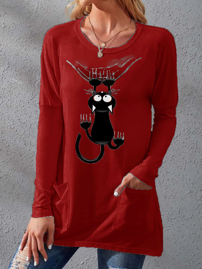 Women's Pocket Round Neck T-shirt Printed Loose Long Sleeve Dress - Enfance-Heureuse