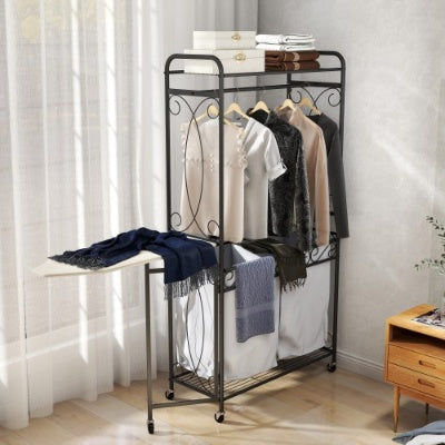 Panier à linge multifonction avec tringle de suspension et étagère de rangement. Chariot à linge roulant avec roulettes, cadre en métal robuste pour salle de bain, buanderie ou chambre.