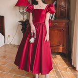 Winter Wine Red Engagement Daily French Princess On The Run Satin Dress - Enfance-Heureuse