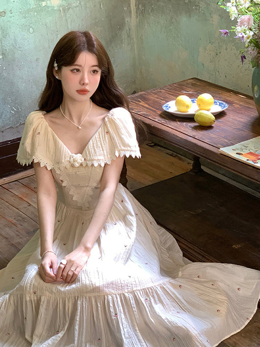 French Vintage Embroidered Floral Dress - Enfance-Heureuse