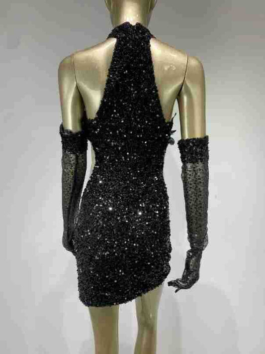 Dress Halter Feather Sequins Short Hip Skirt With Gloves Dress - Enfance-Heureuse