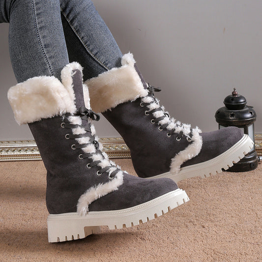 Winter Lace-up Snow Boots For Women Mid-tube Fleece Shoes Warm Chunky Heels Plush Boot - Enfance-Heureuse