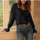 Fashion V-neck Long Sleeve Smocking T-shirt Top Women's Clothing - Enfance-Heureuse