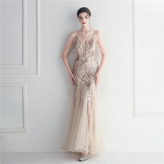 Mesh Beaded Bridal Wedding Dinner Long Camisole Evening Gown - Enfance-Heureuse