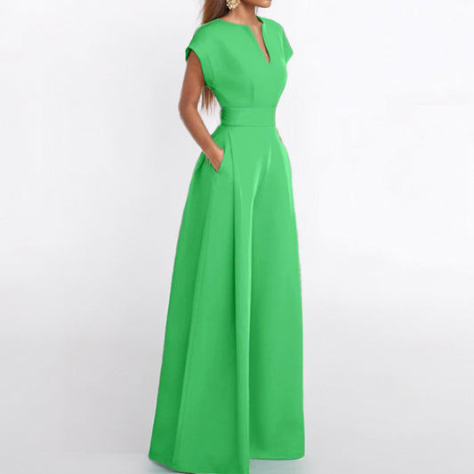 Women's V-Neck Solid Color Short Sleeve Jumpsuit Wide Leg A-Line Waist Tied Casual Summer Outfit - Enfance-Heureuse