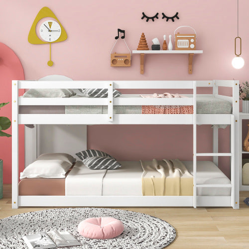 Twin Over Twin Floor Bunk Bed, White - Enfance-Heureuse