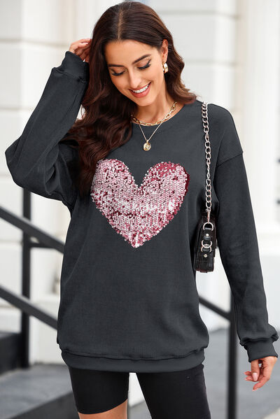Heart Sequin Round Neck Sweatshirt - Enfance-Heureuse