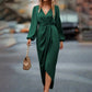 Women's Solid Color V-Neck Long Sleeve Dress With Elastic Cuffs & Asymmetrical Hem Draped Party Dress For Spring&Fall