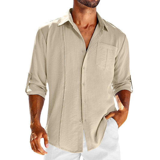 Casual Long Sleeve Shirt With Pocket Lace Polo Collar Solid Color Button Mens Clothing - Enfance-Heureuse