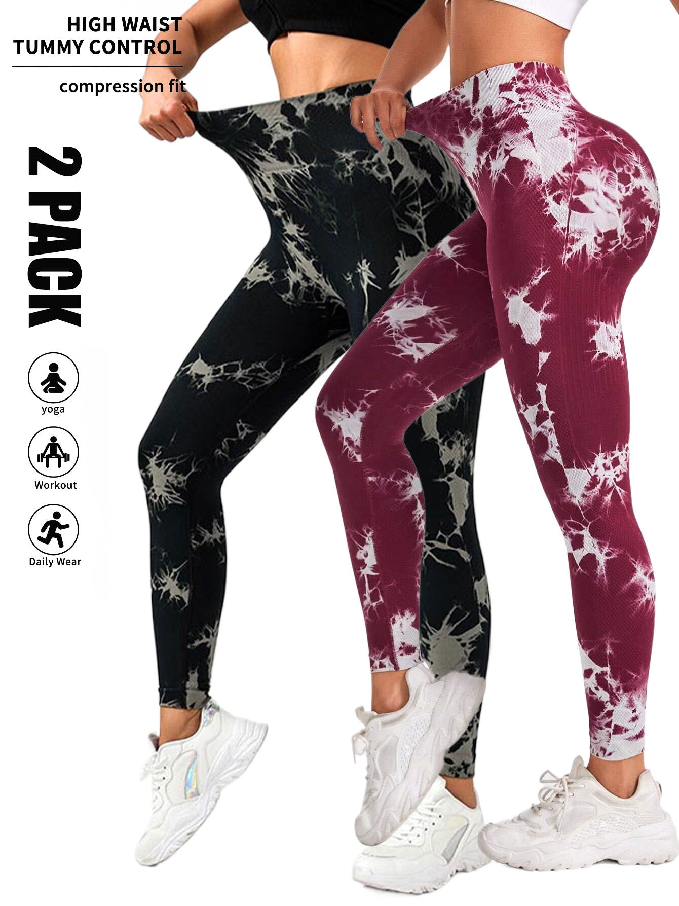 2 Pack Tie Dye Workout Seamless Leggings For Women High Waist Gym Leggings Yoga Pants, Seamless Leggings For Women High Waist Yoga Pants, Scrunch Butt Lifting Elastic Tights - Enfance-Heureuse