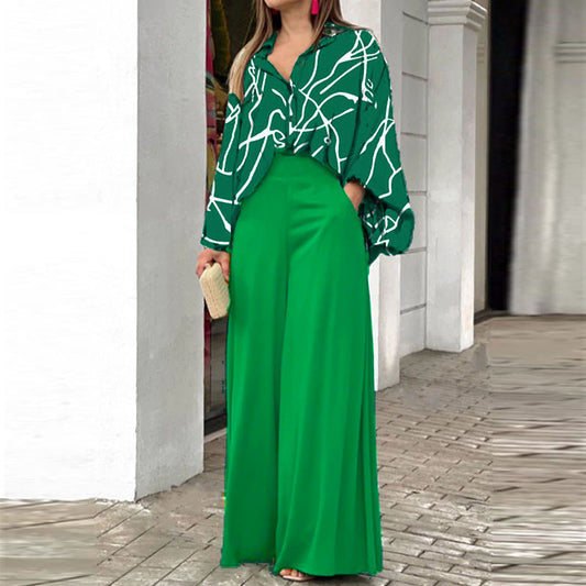 Women's Printed Shirt Wide Leg Pants Fashion Casual Set - Enfance-Heureuse