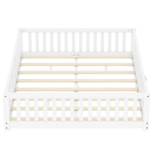 Queen Size Bed Floor Bed With Safety Guardrails And Door For Kids, White