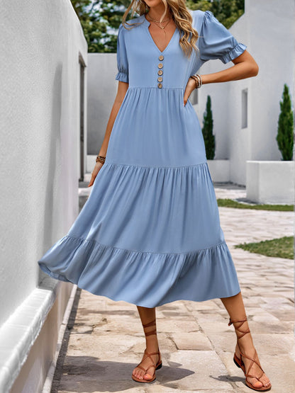 Perfee Decorative Button Notched Short Sleeve Midi Dress - Enfance-Heureuse